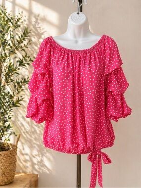 CeCe Pink Polka Dot Blouse - Off-Shoulder Ruffle Top Size L